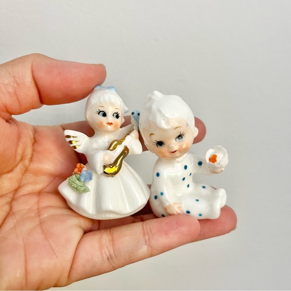 Vintage Napcoware Bone China Little Baby Boy and Girl with Instrument White Blue - Picture 2 of 6